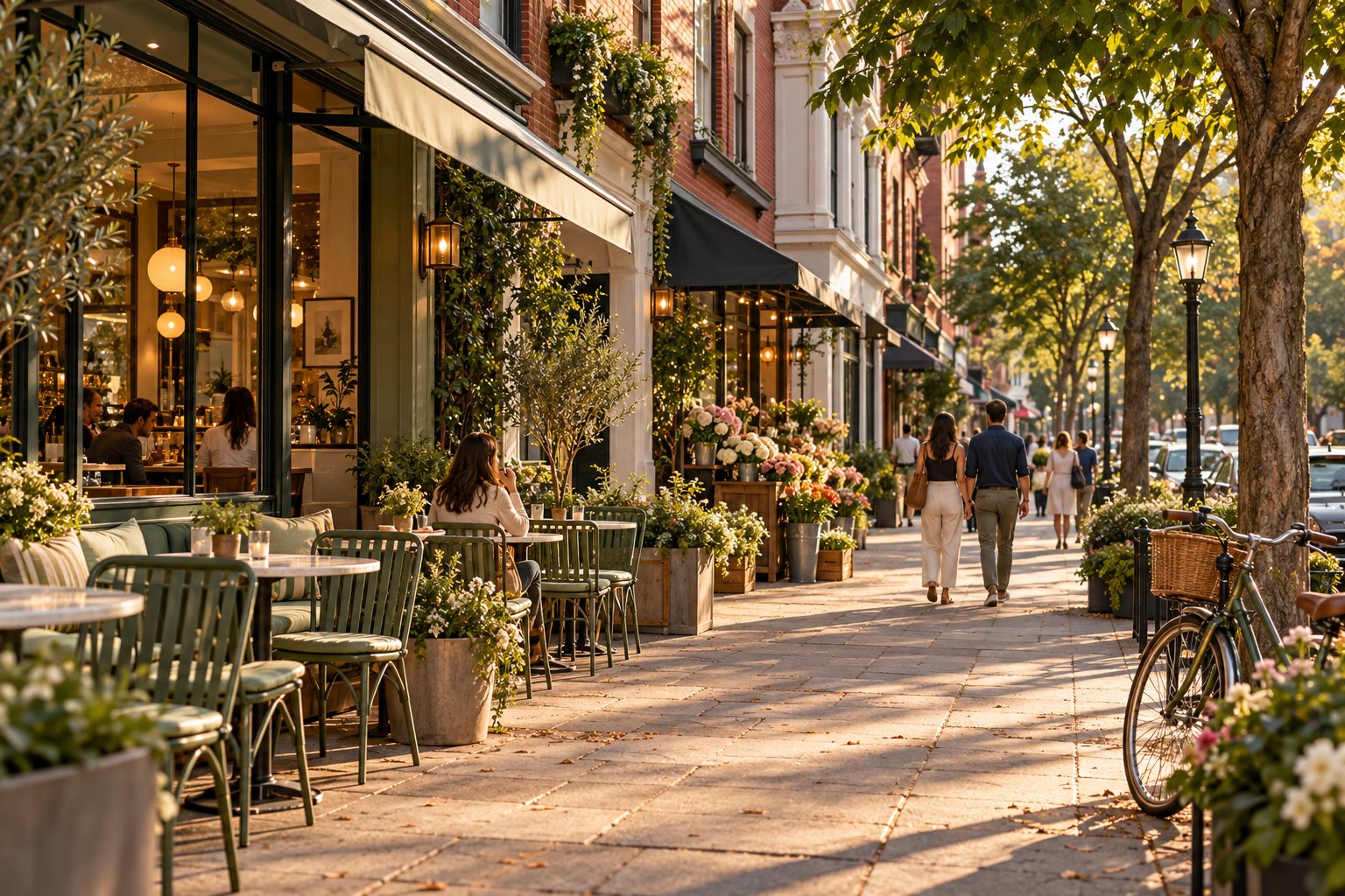 AI-generated fictional tree-lined neighborhood with café terraces